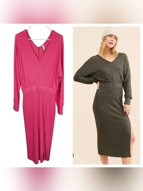 Daily Practice By Anthropologie Barre Midi Ribbed Sweater Vneck Hot Pink  Dress